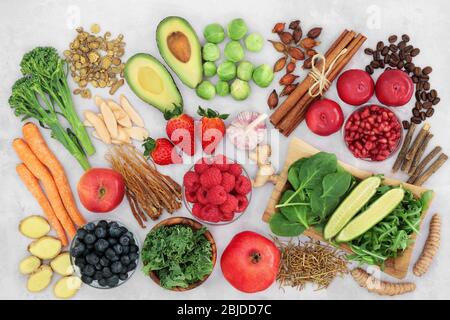 Asthma and respiratory relieving healthy vegan food with herbs and spices used in natural & chinese herbal medicine. High in antioxidants, anthocyanin Stock Photo