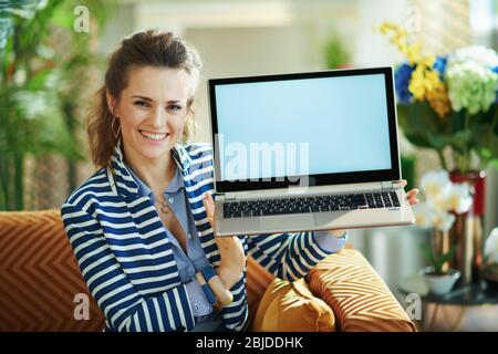 happy elegant 40 years old housewife in blue blouse and striped jacket in the modern living room in sunny day sitting on couch and showing laptop blan Stock Photo