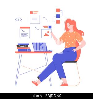 Woman programmer is sitting at a desk. Stock Vector