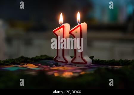 the candles eleven on the birthday cake.. Stock Photo
