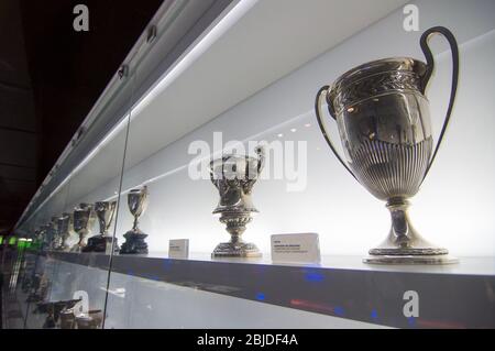 Barcelona, Spain - September 22, 2014: One of the trophy galleries at the FC Barcelona museum. Catalan League Championship Cup. Camp Nou, Barcelona, S Stock Photo