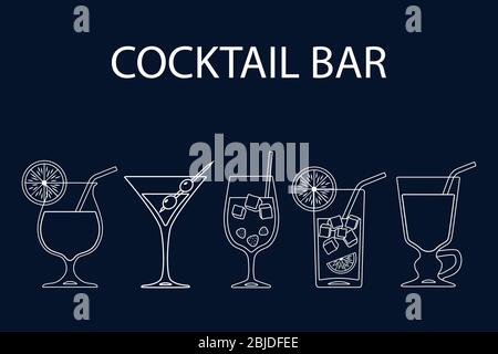 Set of cocktails line art design on blue background. Vector illustration Stock Photo