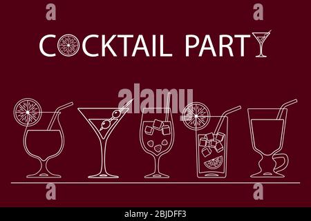 Set of cocktails line art design on red background. Vector illustration Stock Photo