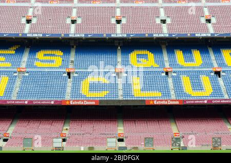 Barcelona, Spain - September 22, 2014: One of the stands displaying Barcelona's motto, Mes que un club, meaning More than a club. Camp Nou, Barcelona, Stock Photo