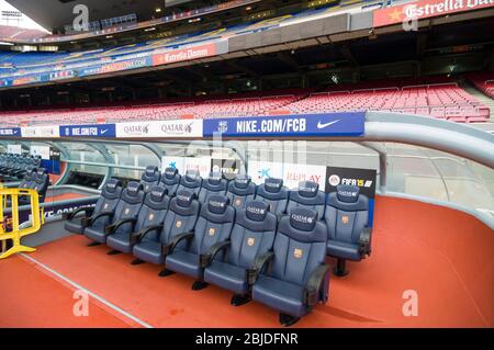 Barcelona, Spain - September 22, 2014: The staff bench of FC Barcelona at Camp Nou stadium Stock Photo