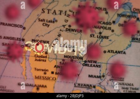 Covid-19 outbreak or new Coronavirus, 2019-nCoV, virus  on a map of USA . Covid 19-NCP virus: contagion and propagation of disease in Dallas, Houston. Stock Photo