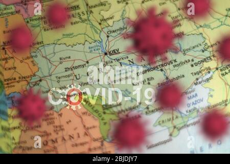 Covid-19 outbreak or new Coronavirus, 2019-nCoV, virus on a map of UKRAINE . Covid 19-NCP virus: contagion and propagation of disease in KIEV. Pandemi Stock Photo