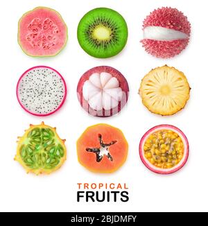 Isolated tropical fruits slices. Pieces of guava, kiwi, lychee, dragon fruit, mangosteen, pineapple, horned melon, papaya and passion fruit isolated o Stock Photo