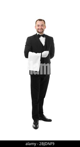 Handsome butler with towel on white background Stock Photo - Alamy