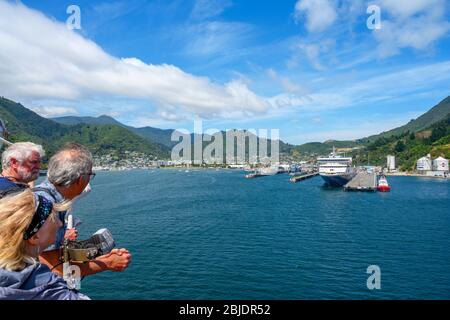 Picton harbour from the deck of the Wellington to Picton ferry, South Island, New Zealand Stock Photo
