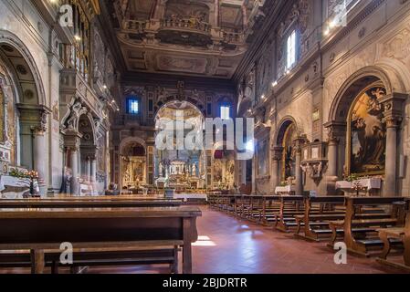 FLORENCE, ITALY - APRIL 14, 2013: Interior and altar of  Chiesa di Ognissanti (All-Saints Church) is a Franciscan church in Florence, Tuscany, Italy. Stock Photo