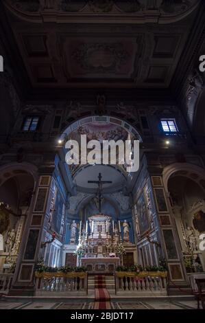 Interior and altar of Chiesa di Ognissanti (All-Saints Church) is a Franciscan church in Florence, Tuscany, Italy. Stock Photo