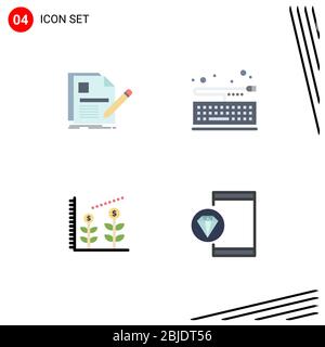 4 User Interface Flat Icon Pack of modern Signs and Symbols of document, finance, pen, key, startup Editable Vector Design Elements Stock Vector