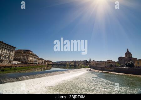 Sunny view of Church San Frediano in Cestello and river Arno. Pescaia di Santa Rosa. Clean blue sky. Florence, Tuscany, Italy. Stock Photo