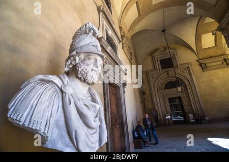 FLORENCE, ITALY - APRIL 14, 2013: Bust of the Greek warrior in the Pitti Palace - Florence, Tuscany, Italy Stock Photo