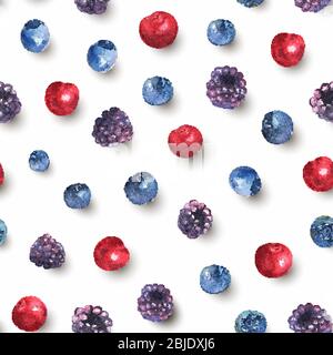 Berries seamless pattern in watercolor with shadow. Colorful background with isolated blackberries, cherries and blueberries. Natural illustration Stock Vector