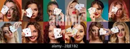 Collage of alluring models with bright make-up and stylish hairstyles, in jewelry. They have covered one eye with two playing cards, posing against co Stock Photo