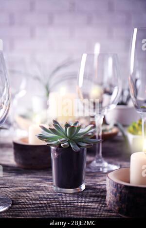 Table served with succulents for dinner in living room Stock Photo