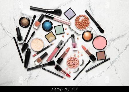 Make-up and makeup brushes. View from above Stock Photo