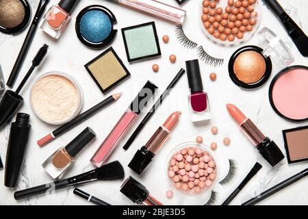 Professional makeup brushes and tools, make-up products set Stock Photo