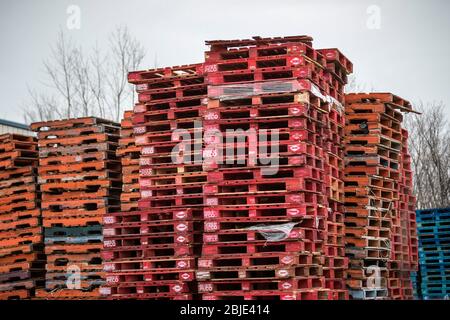 Wood pallets stacked, Manitoba, Canada. Stock Photo