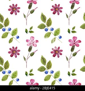 Colorful seamless pattern with watercolor meadow flowers and herbs on white background Stock Photo