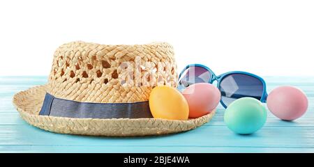 Easter eggs with hat, on white background Stock Photo
