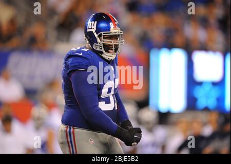 05 September 2012: New York Giants defensive tackle Linval Joseph (97) reacts after sacking Dallas Cowboys quarterback Tony Romo (not pictured) during Stock Photo