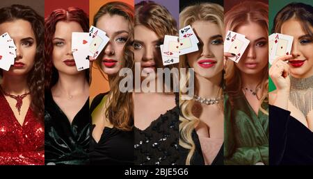 Collage of attractive models with make-up, hairstyles, in stylish dresses and jewelry. They covered one eye with two playing cards, smiling, posing on Stock Photo