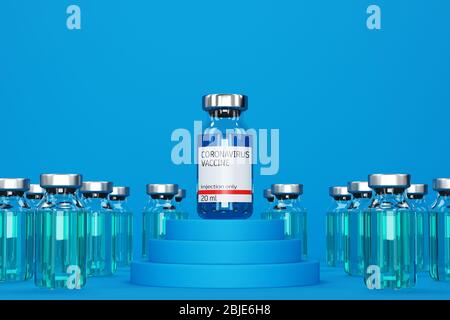 ampoule with coronavirus vaccine among other ampoules on blue background. concept of 3d test for vaccine against new coronavirus. 3d illustration. Stock Photo