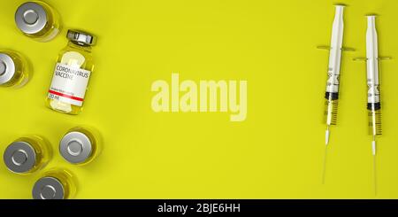 Top view of ampoules with coronavirus vaccine and syringes on yellow background. Closeup 3d concept on medical theme. 3d illustration. Stock Photo