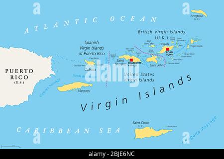 British, Spanish and United States Virgin Islands political map. Archipelago in the Caribbean Sea. Stock Photo