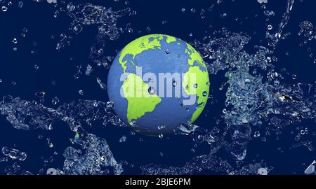 World Ocean Day splash water around the earth globe. Planet earth on background of water splashes, illustration for world oceans day. 3d illustration. Stock Photo