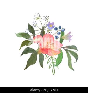 Floral watercolor set with pink alstroemeria. Botanical arrangements with flower and leaves. Great for printing on fabric, banners, invitations and Stock Vector