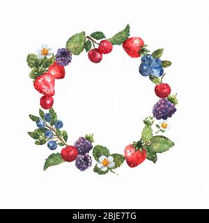 Berries wreath in watercolor. Frame with strawberries, blackberries, cherries and blueberries. Natural illustration. Spring blossom. Vector. Stock Vector