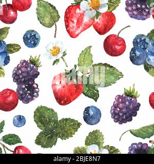 Berries seamless pattern in watercolor. Colorful background with strawberries, blackberries, cherries and blueberries. Natural illustration. Spring Stock Vector