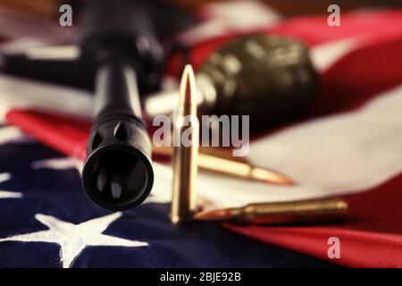 Military set on American flag Stock Photo