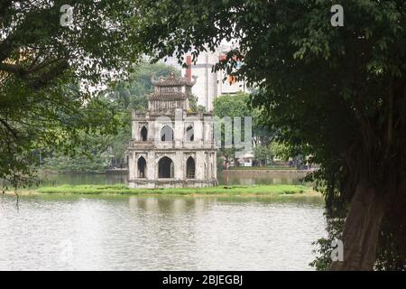 Hanoi Turtle Tower - Hoan Kiem Lake in Hanoi with Turtle Tower in the background. Vietnam, Southeast Asia.
