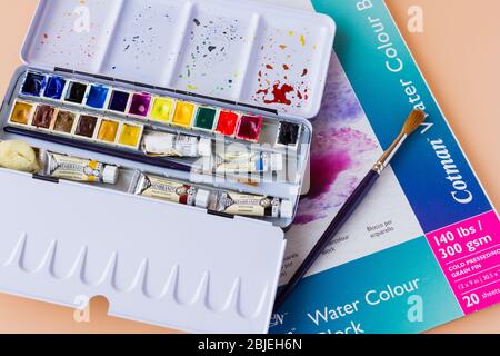 Artist watercolour, watercolor materials, paints & brushes Stock Photo