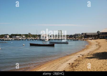 Edgartown, Martha's Vineyard, Massachusetts. USA - September 2008: Wide angle scenic view of the beach with the harbor jetty in the background Stock Photo