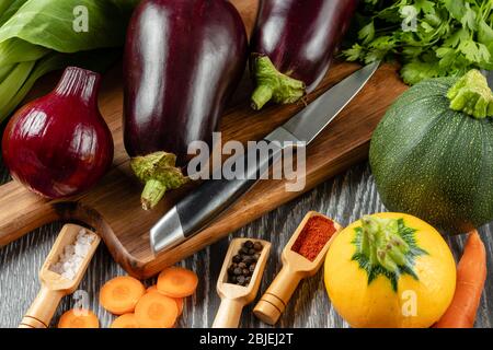 Healthy Organic Vegetables on the Wooden Background Stock Photo