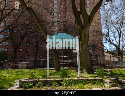 sign at the General Ulysses S. Grant Houses public housing project in Harlem has written at the bottom 'a wonderful community' Stock Photo