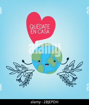 Quedate en casa text with world cartoon heart leaves vector design Stock Vector