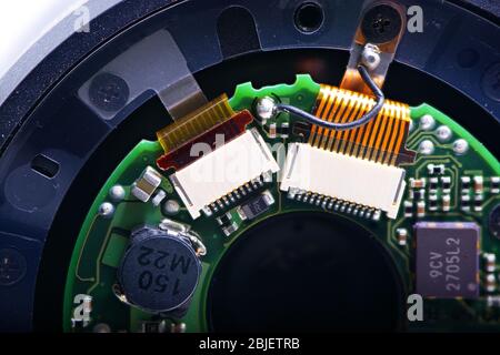 Close up of camera lens circuit board Stock Photo