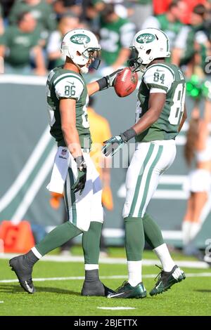 October 20, 2013: New York Jets wide receiver David Nelson (86) reacts with New York Jets wide receiver Stephen Hill (84) after a 27 yard gain during Stock Photo