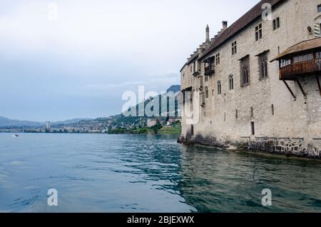 Exterior view of Chillon Castle on the banks of Lake Geneva in Veytaux, Switzerland Stock Photo