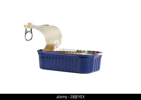 Open can of sardines on white background. Empty blue can of sardines isolated on white background. Stock Photo