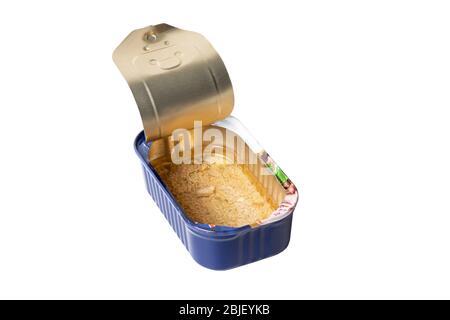 Empty fish can. Opened empty metal tin. Isolated on white background with shadow reflection. With clipping path. Stock Photo
