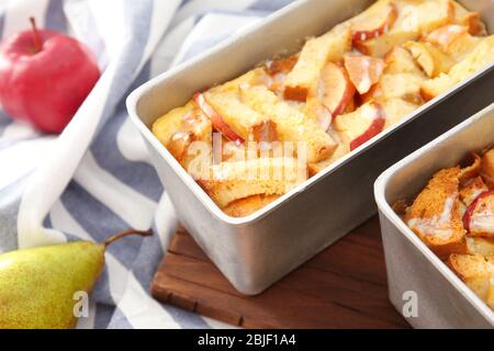 Freshly baked bread pudding in casserole dish, closeup Stock Photo
