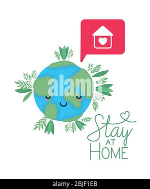 Stay at home text world cartoon leaves heart house and bubble vector design Stock Vector